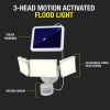 Solar Three Head LED Motion Sensing Security Flood Light, Outdoor, White, 2000 Lumen